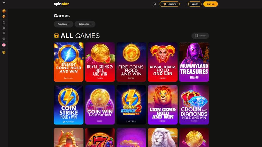 Games page screenshot of Spinstar Casino