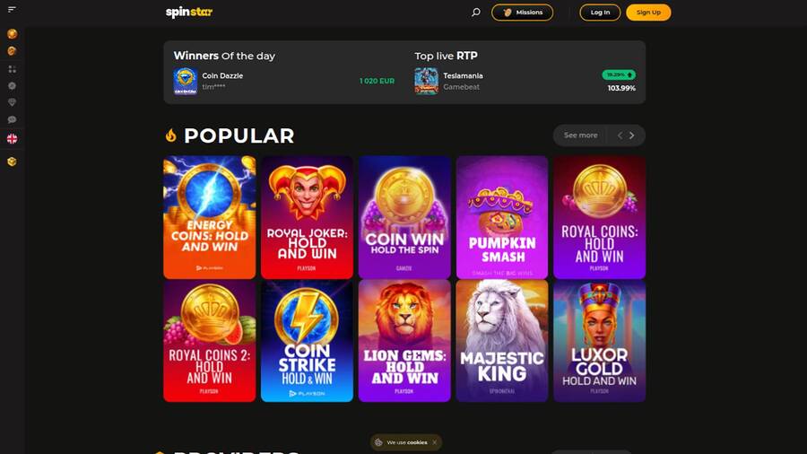 Homepage screenshot of Spinstar Casino