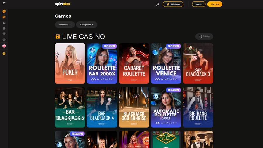 Live page screenshot of Spinstar Casino