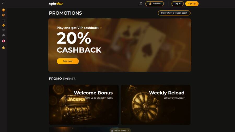 Promotions page screenshot of Spinstar Casino