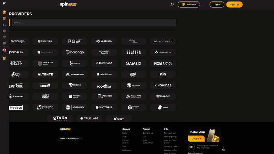 Providers page screenshot of Spinstar Casino
