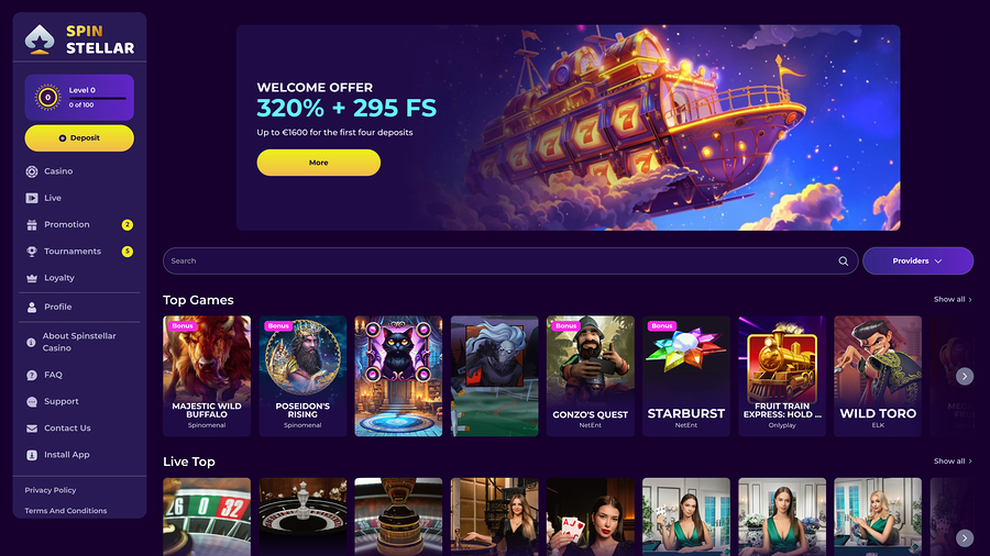 Spinstellar Casino Desktop Homepage