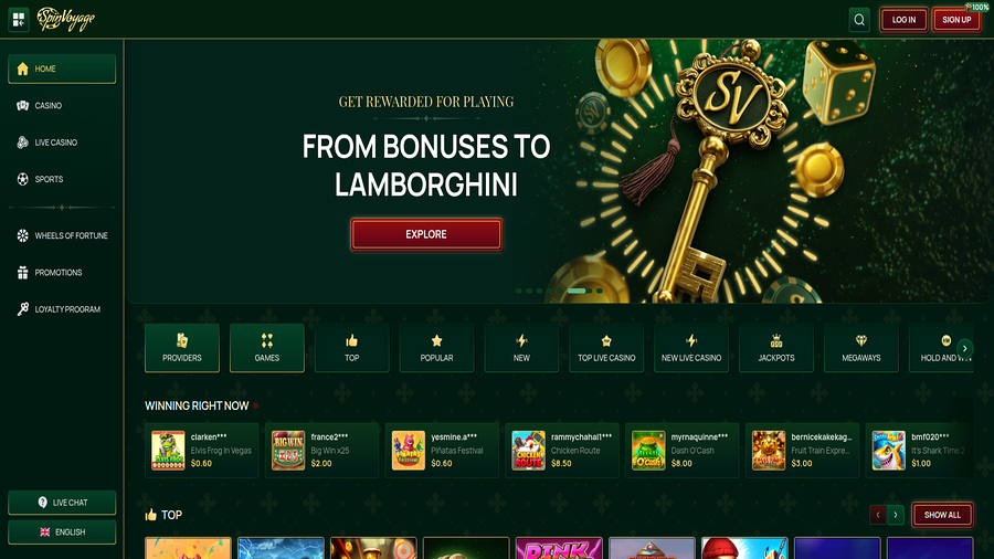 Homepage screenshot of SpinVoyage Casino for Desktop