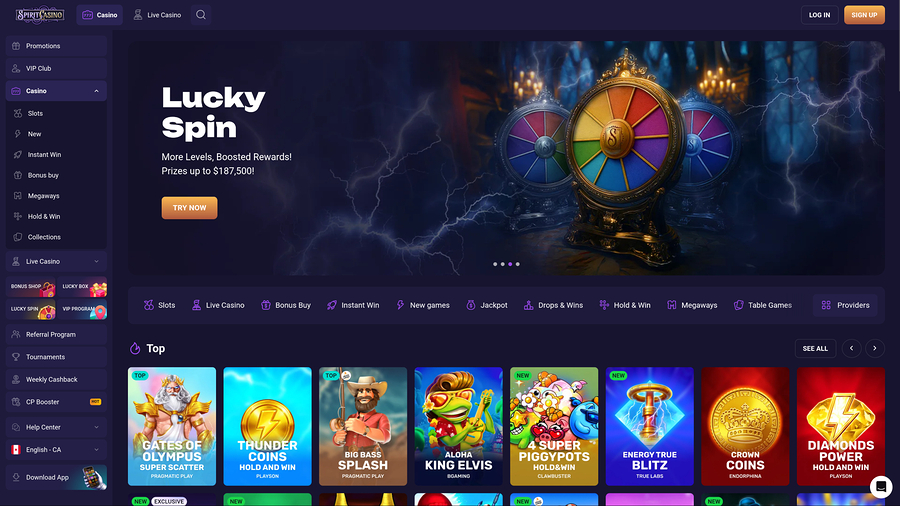 Página de inicio de escritorio de Spirit Casino