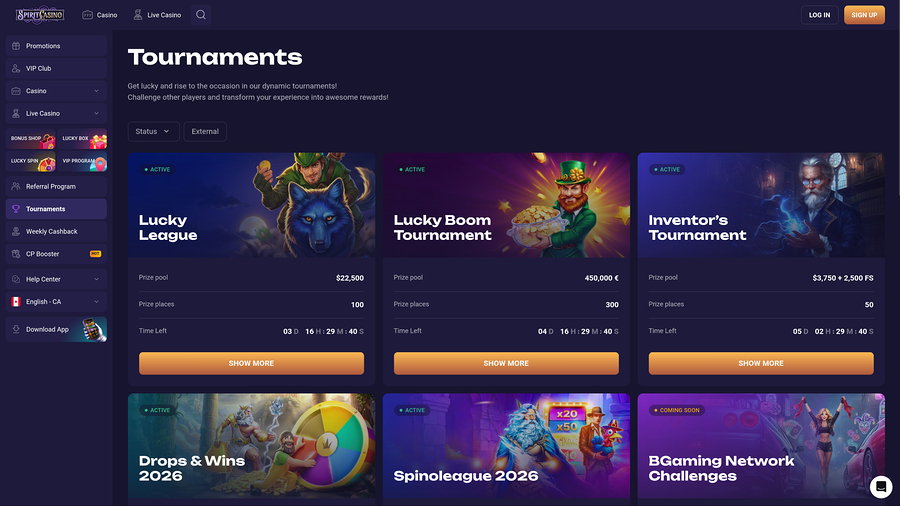 Torneos de escritorio de Spirit Casino