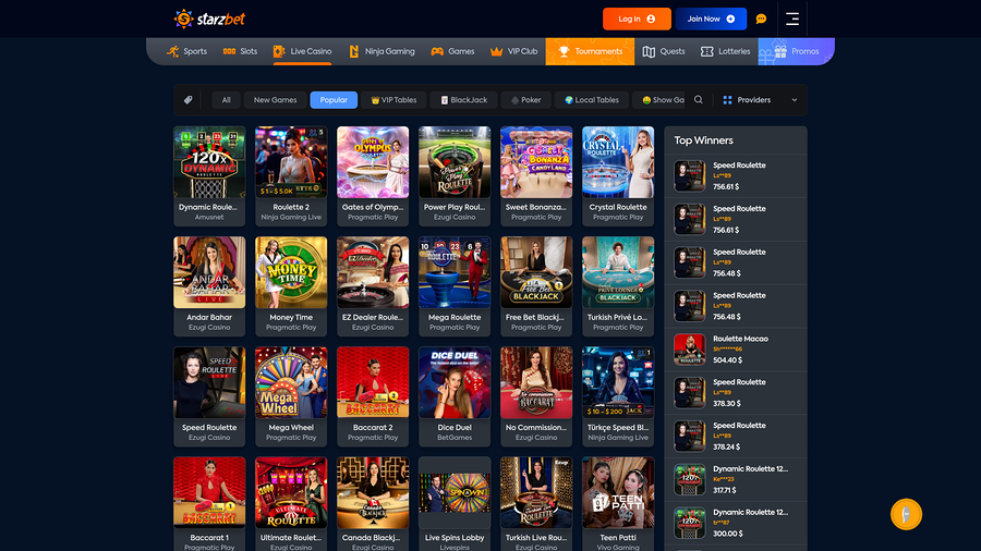 Casino Starzbet para escritorio con crupier en vivo