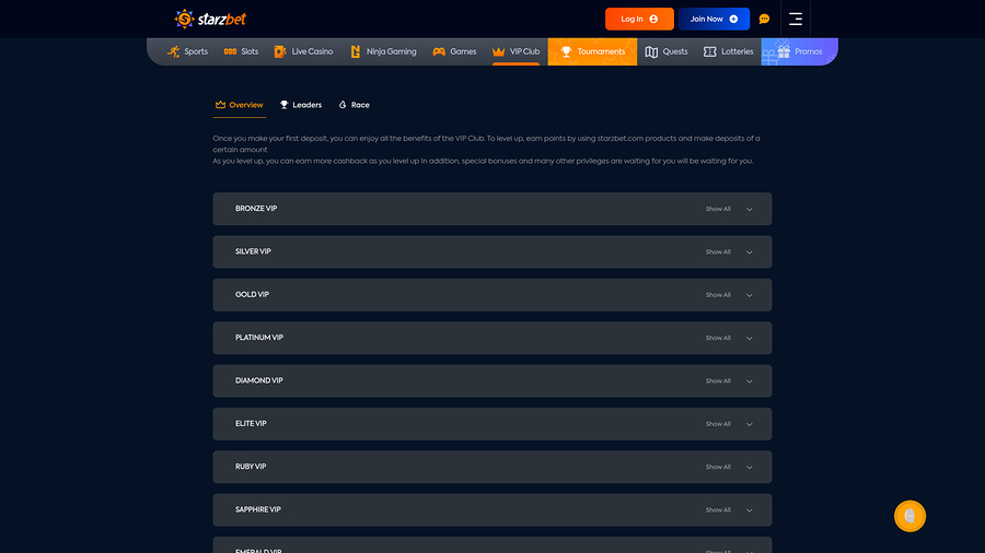Starzbet Casino Desktop VIP