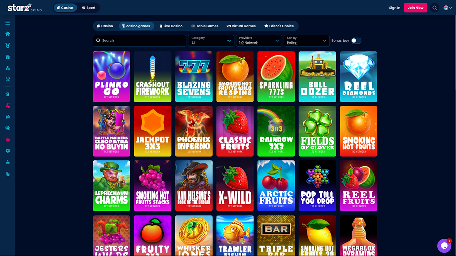 Captura de pantalla de los juegos de StarzSpins Casino para escritorio