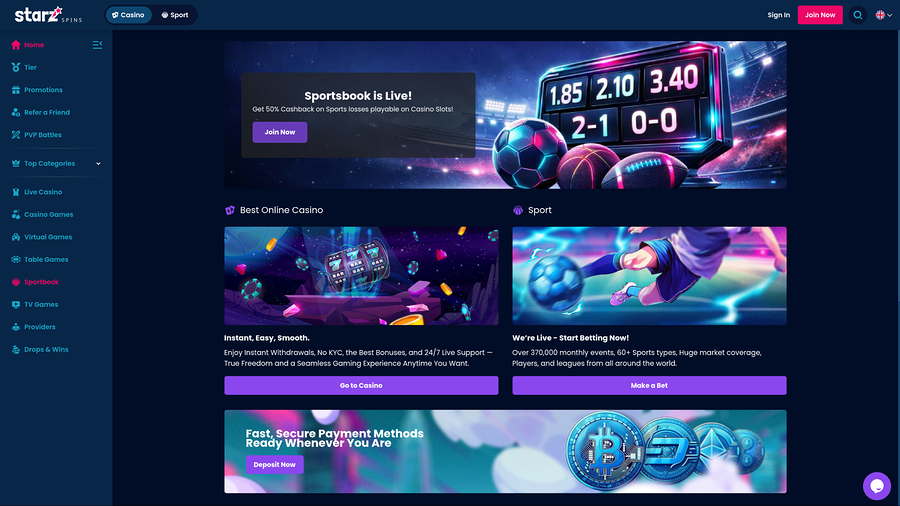 Captura de pantalla de la página de inicio de StarzSpins Casino para escritorio