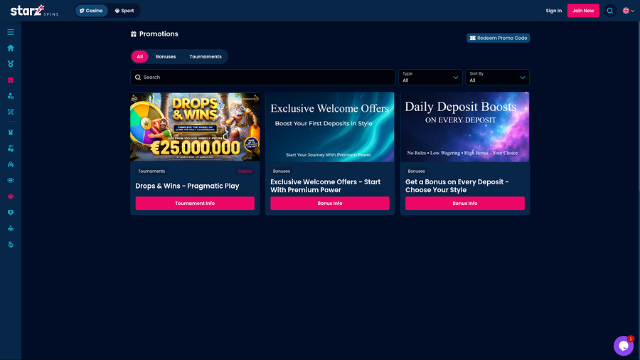 Captura de pantalla de promociones de StarzSpins Casino para escritorio