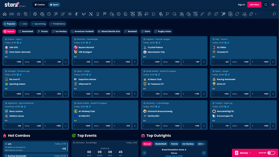 Apuestas deportivas de escritorio del casino StarzSpins