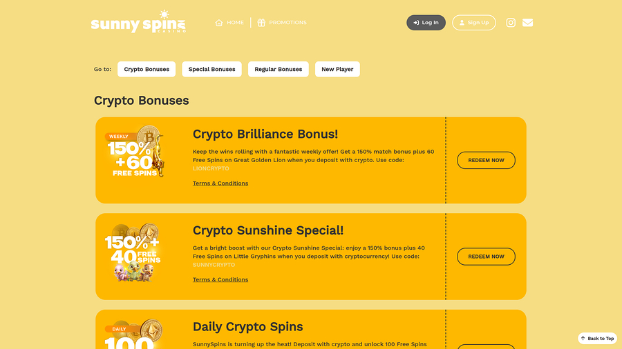 Promociones de escritorio del casino Sunnyspins