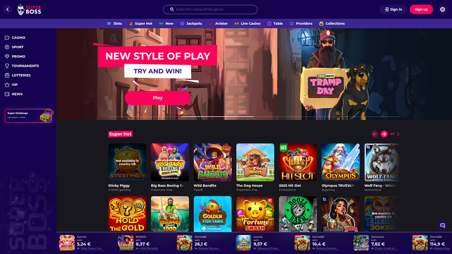 SuperBoss Casino Desktop Homepage
