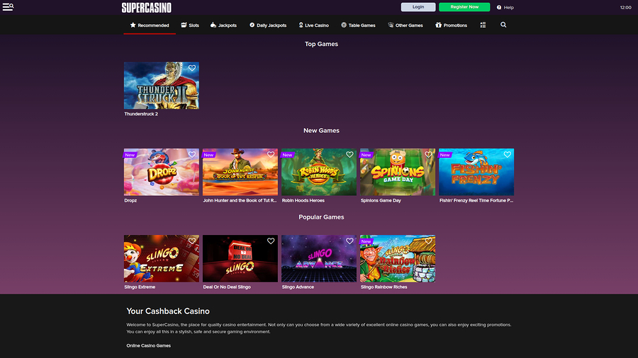SuperCasino Desktop Homepage