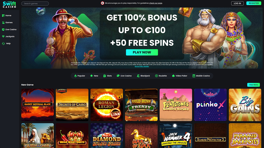 Swift Casino skrivbordsversionens startsida