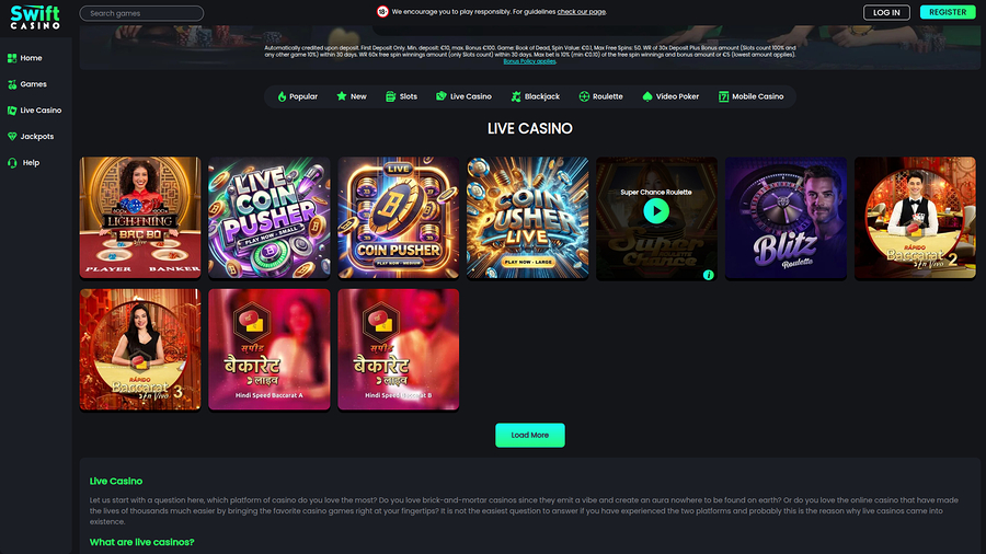Swift Casino live dealer för skrivbordsversionen