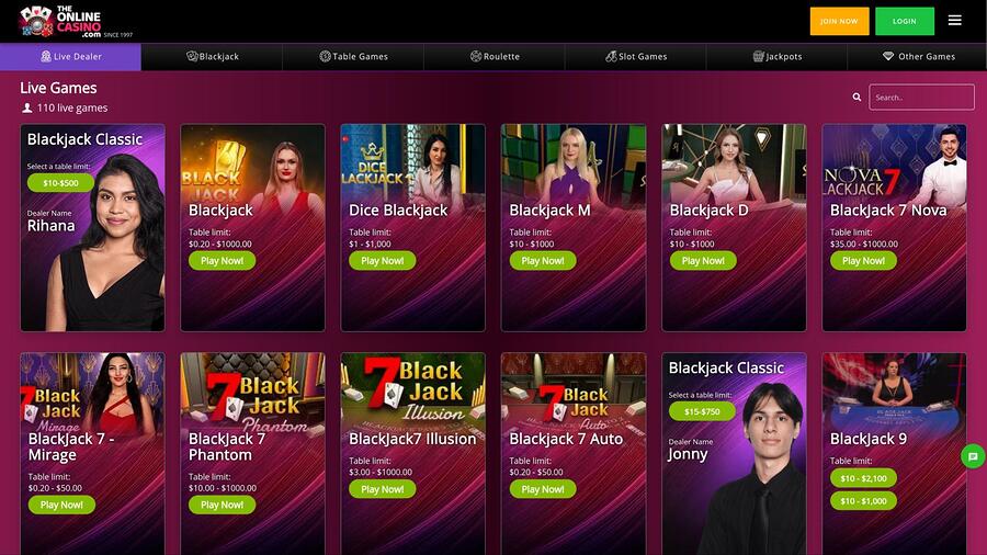 Página de crupier en vivo de TheOnlineCasino