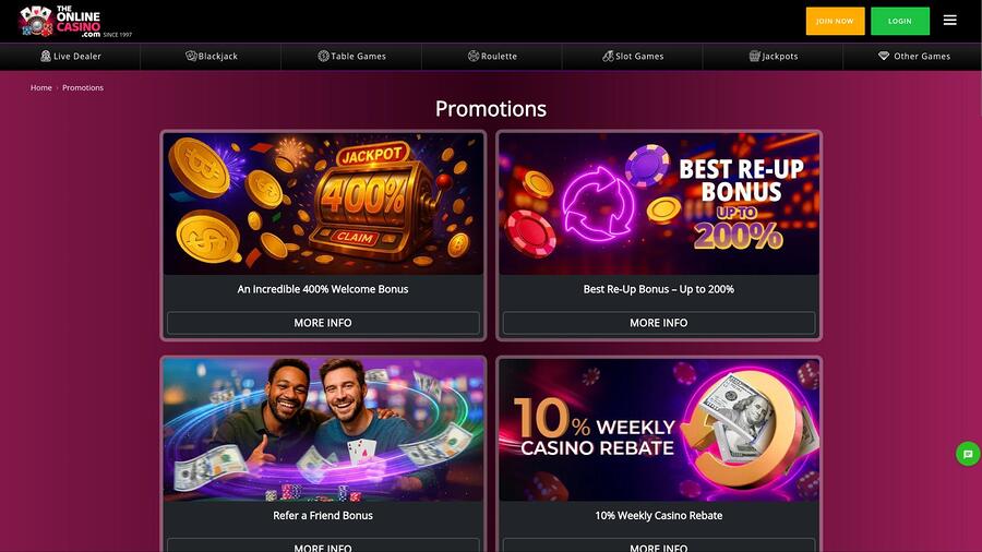 Página de promociones de TheOnlineCasino