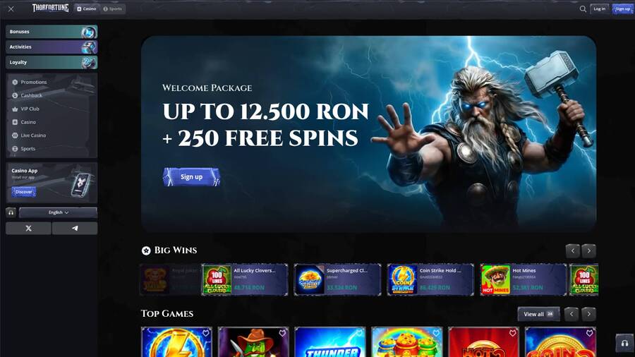 Captura de pantalla de la página principal del casino Thorfortune