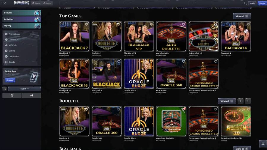 Captura de pantalla de la página en vivo del casino Thorfortune