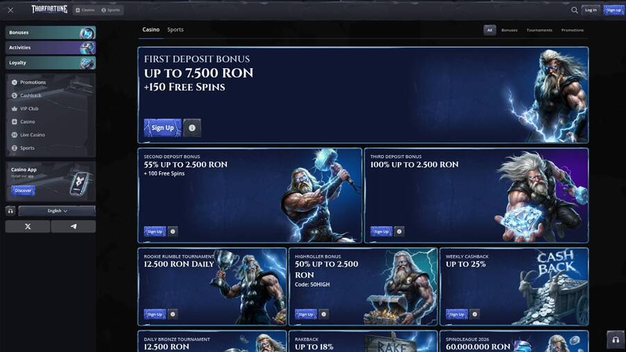 Captura de pantalla de la página de promociones del casino Thorfortune