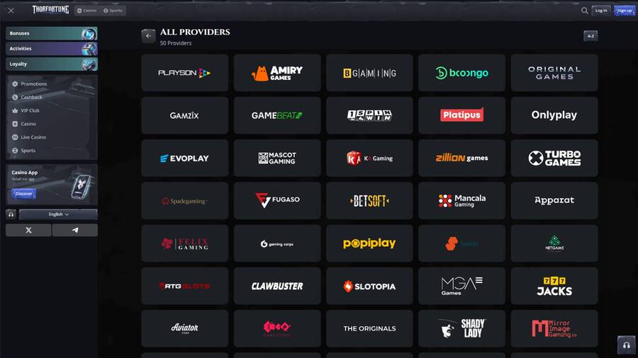Captura de pantalla de la página de proveedores del casino Thorfortune