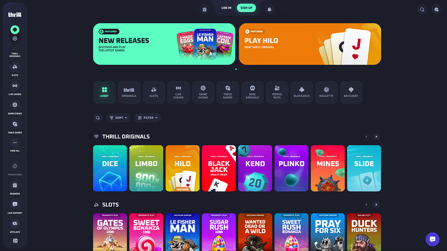 Thrill Casino Desktop Homepage