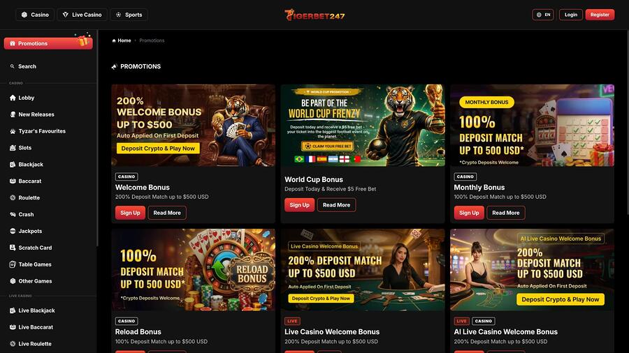 Página de promociones del casino TigerBet247