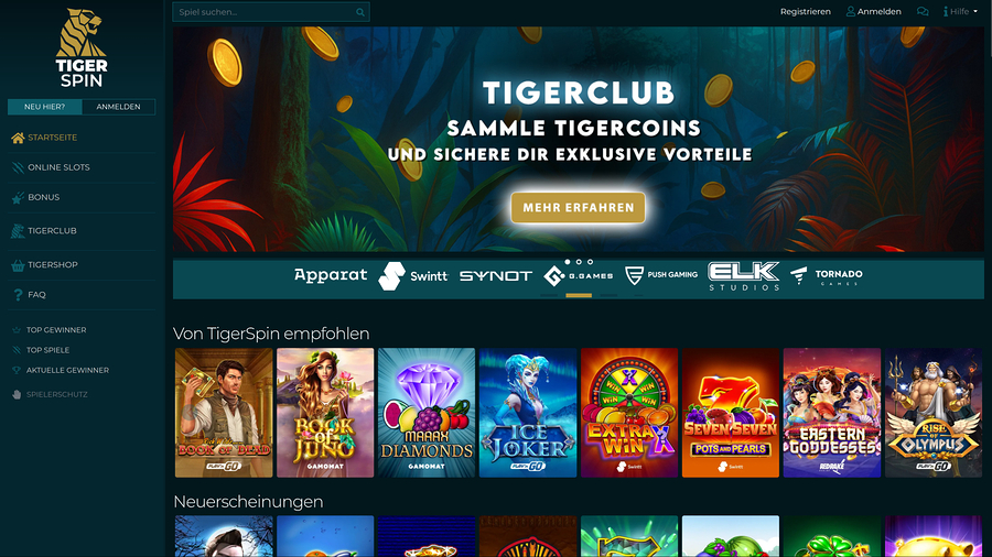 TigerSpin Casino Desktop Homepage