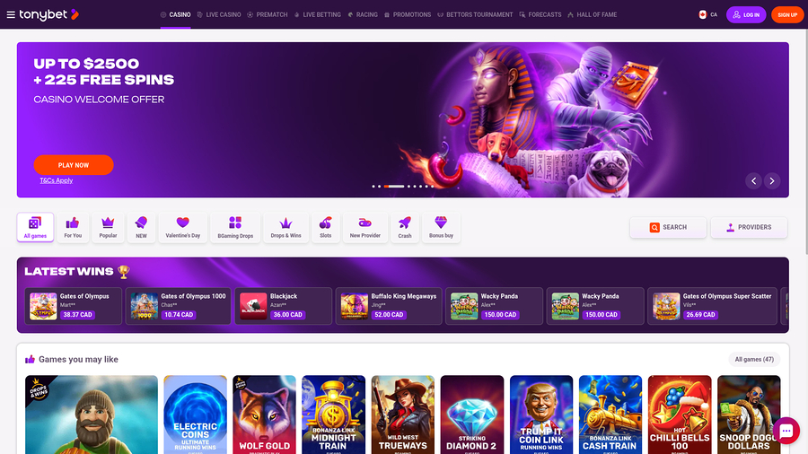 TonyBet Casino Desktop Homepage