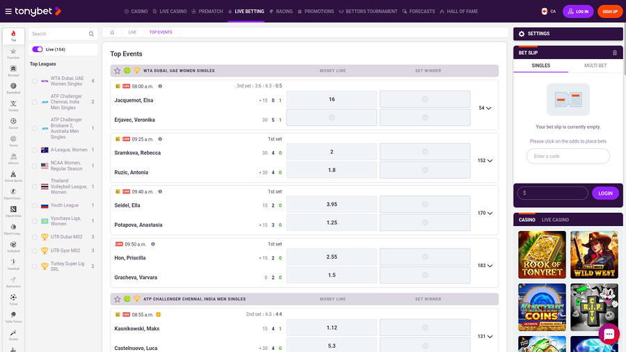 TonyBet Casino Desktop Live Betting