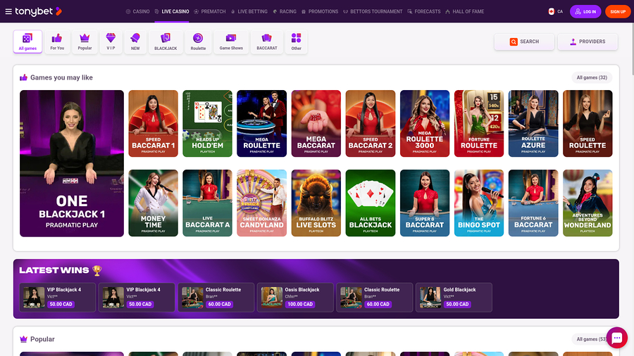 TonyBet Casino Desktop Live Dealer