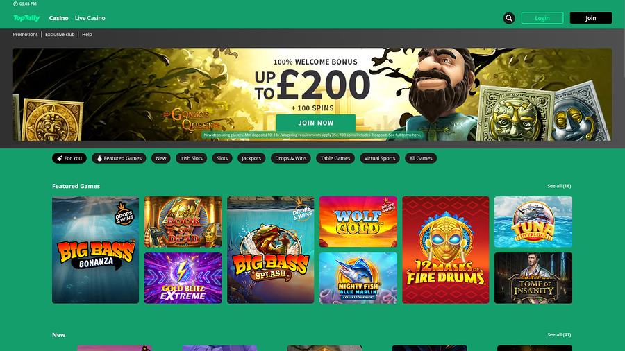 Toptally Casino Desktop Homepage