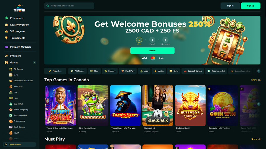 Trip2Vip Casino Desktop Homepage