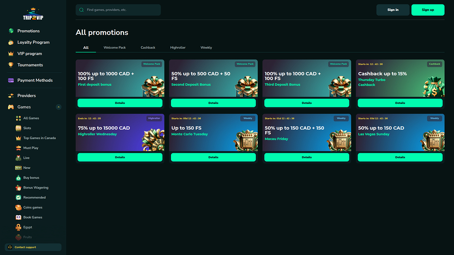 Trip2Vip Casino Desktop Promotions