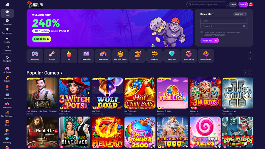 TuffPuff Casino Desktop Homepage