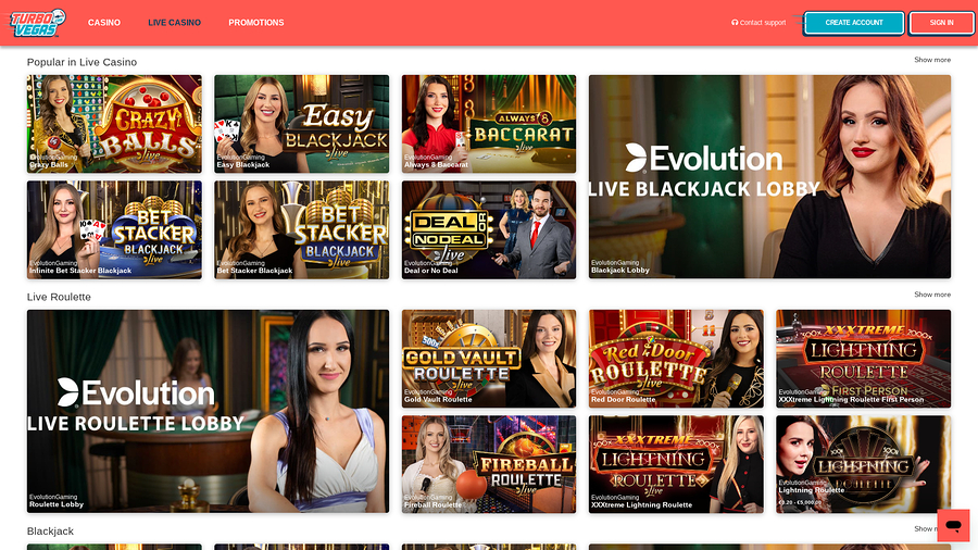 Live dealer på skrivbordsversionen av TurboVegas Casino