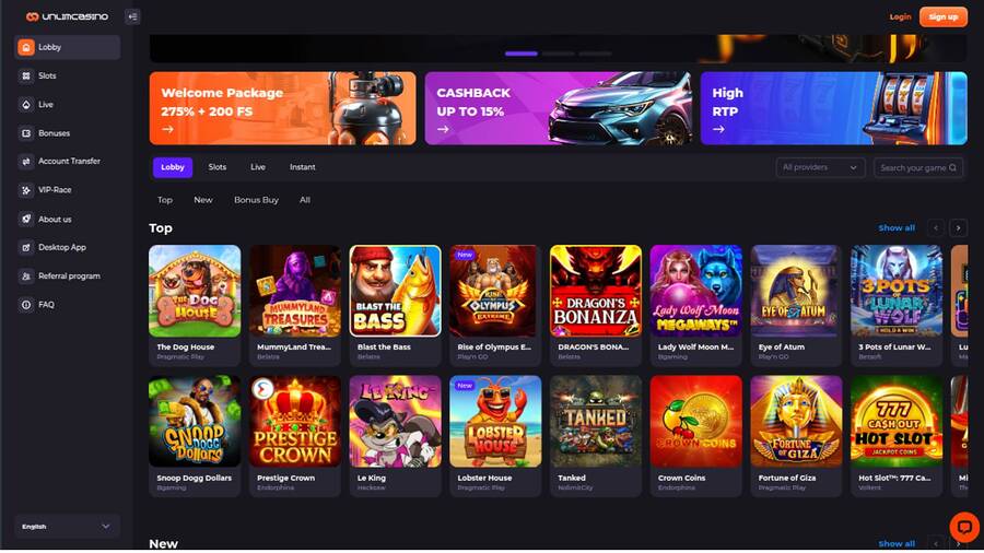 Captura de pantalla de la página de inicio de Unlim Casino