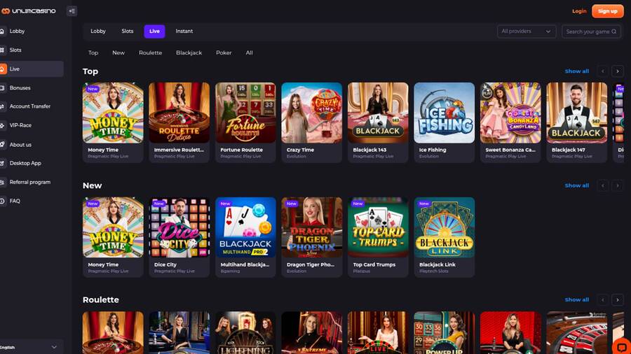 Captura de pantalla en vivo de la página de Unlim Casino