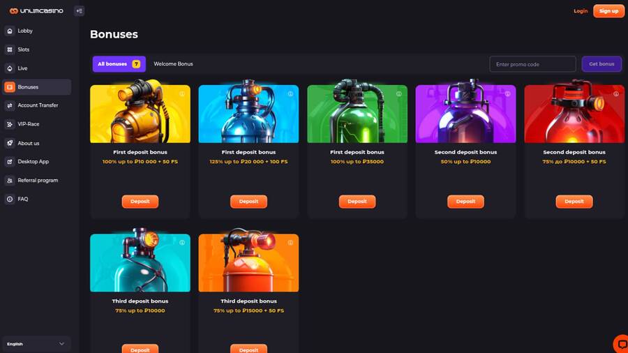 Captura de pantalla de la página de promociones de Unlim Casino