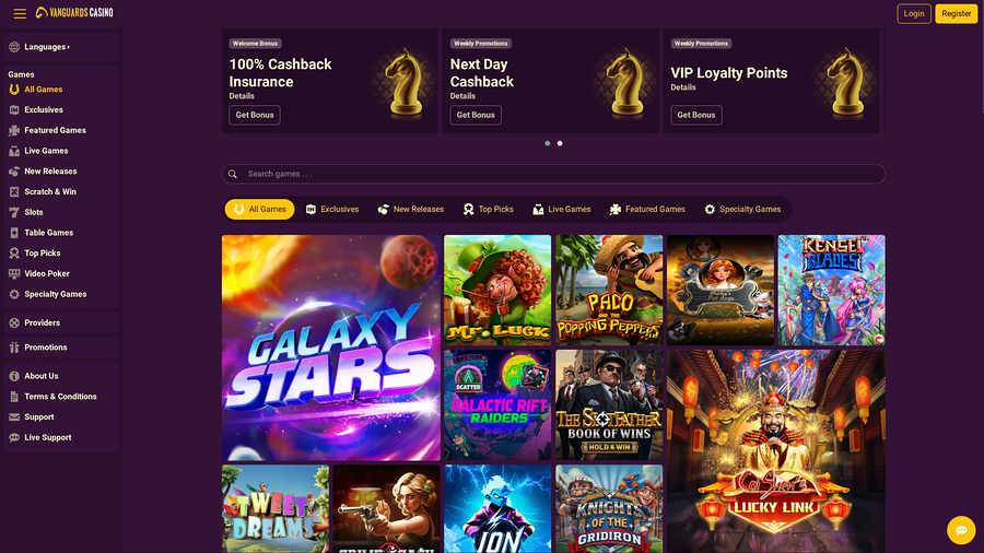 Vanguards Casino Desktop Homepage