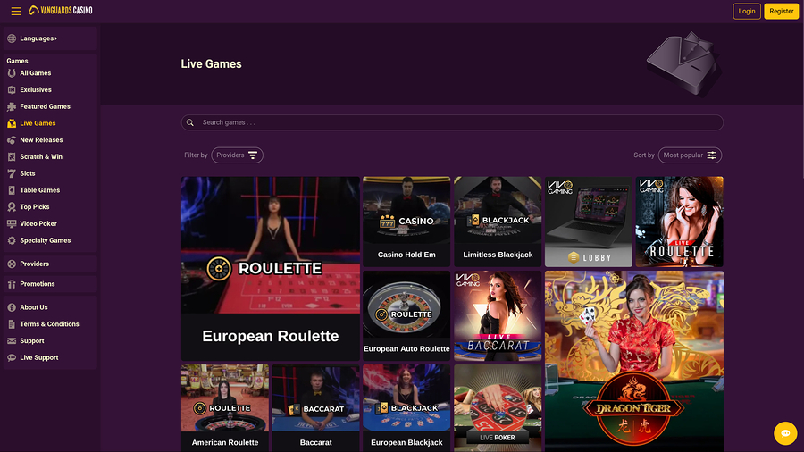 Vanguards Casino Desktop Live Dealer