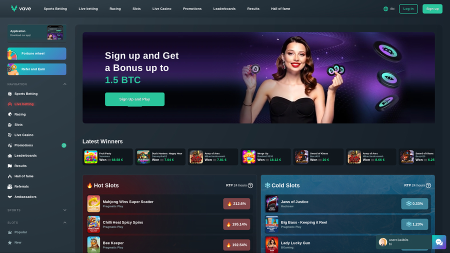 Vave Casino Desktop Homepage