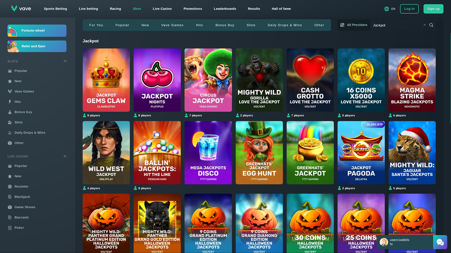 Vave Casino Desktop Jackpot