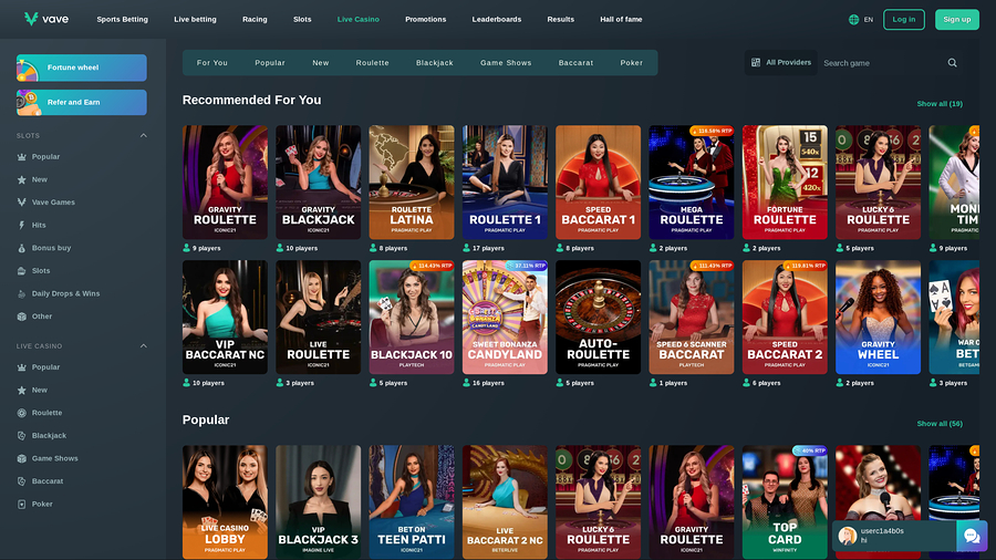 Vave Casino Desktop Live Dealer