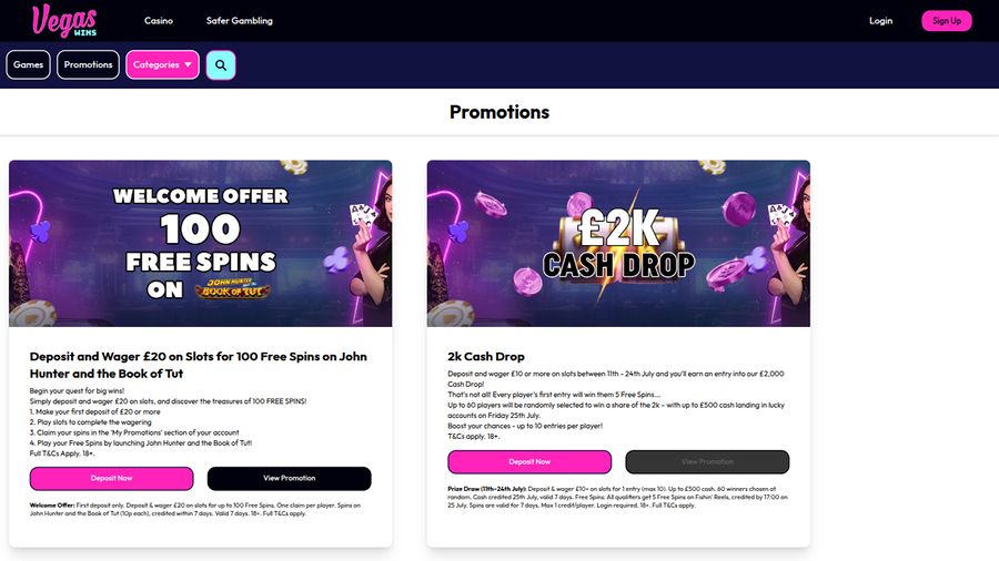 Vegas Wins Casino Desktop Promotions