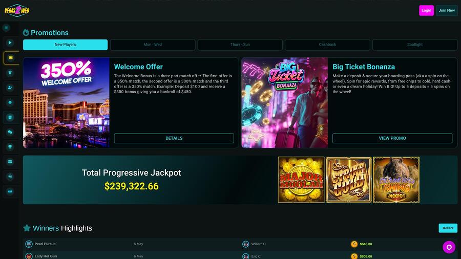 Vegas2Web Casino promotions page