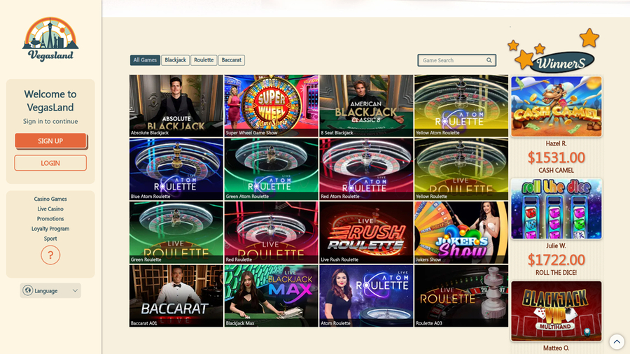 VegasLand Casino Desktop Live Dealer