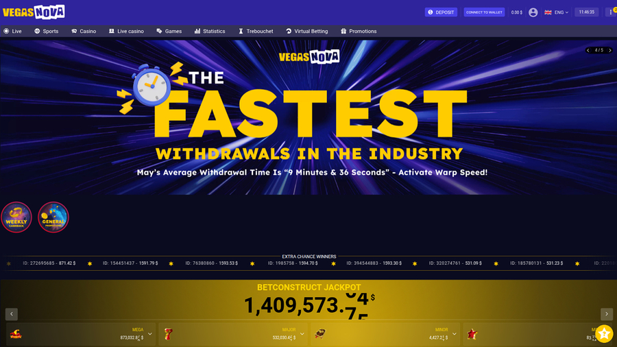 VegasNova Casino Desktop Homepage