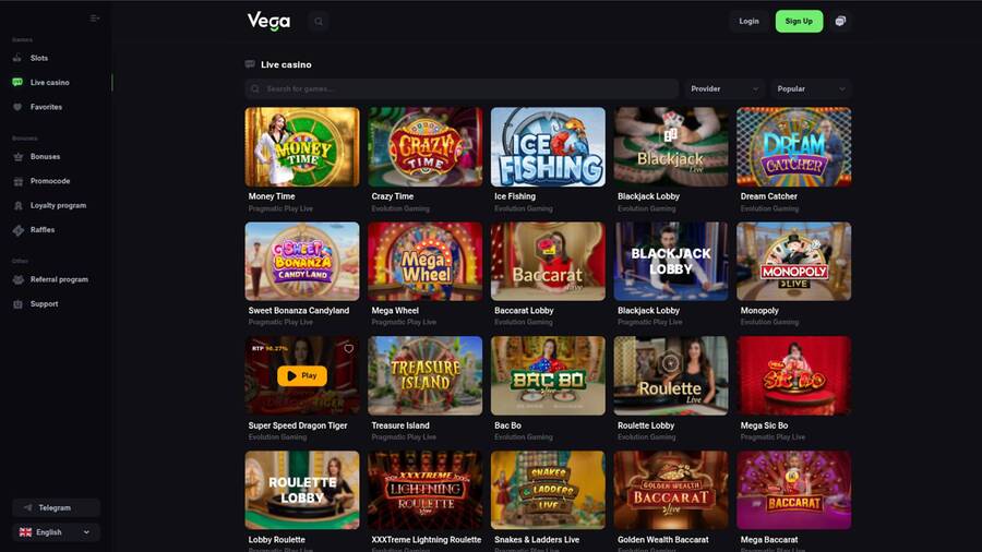 Captura de pantalla en vivo de la página de VegaBet Casino